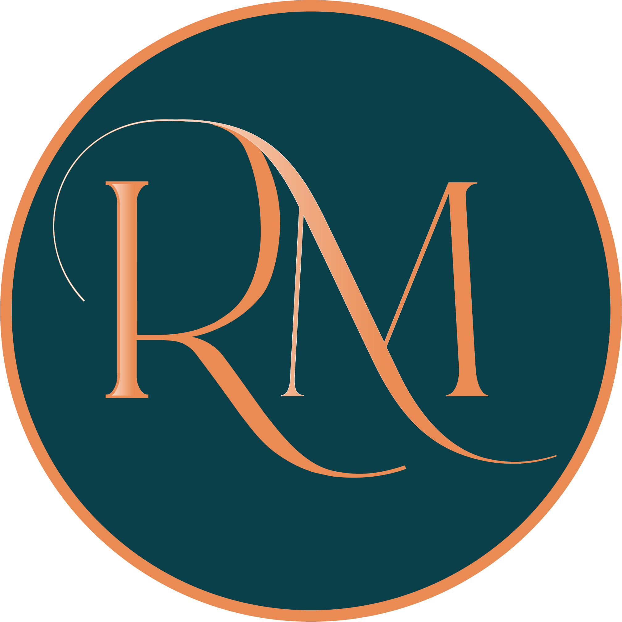 Ripples in Motion logo: A teal circle with gold lettering script of a capital R and M